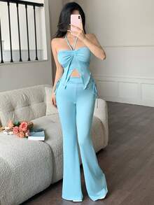 abyoxi Bộ đồ nữ màu xanh nhạt, áo croptop hở lưng, dây rút và quần ống loe cạp cao, kiểu dáng gợi cảm, cổ điển ngọt ngào, thích hợp cho hẹn hò, đi chơi hàng ngày, đi làm, ngày Valentine, lễ tốt nghiệp, áo croptop và quần dài cho mùa xuân hè. - xanh nhạt - Xem 4