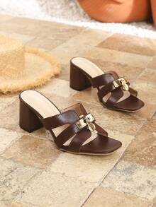 Fashionable & Versatile Women's High Heel Sandals, New Spring/Summer Buckle Square Toe Chunky Heel Slippers, Outdoor Comfortable Casual Shoes For Party, Vacation, Commuting, Brown - Brown - View 7