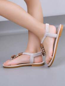 1 Pair Girls Flat Sandals, 2026 New Bohemian Style Simple Thong Sandals, Quick-Drying Beach Sandals For Daily & School Wear - White - View 4