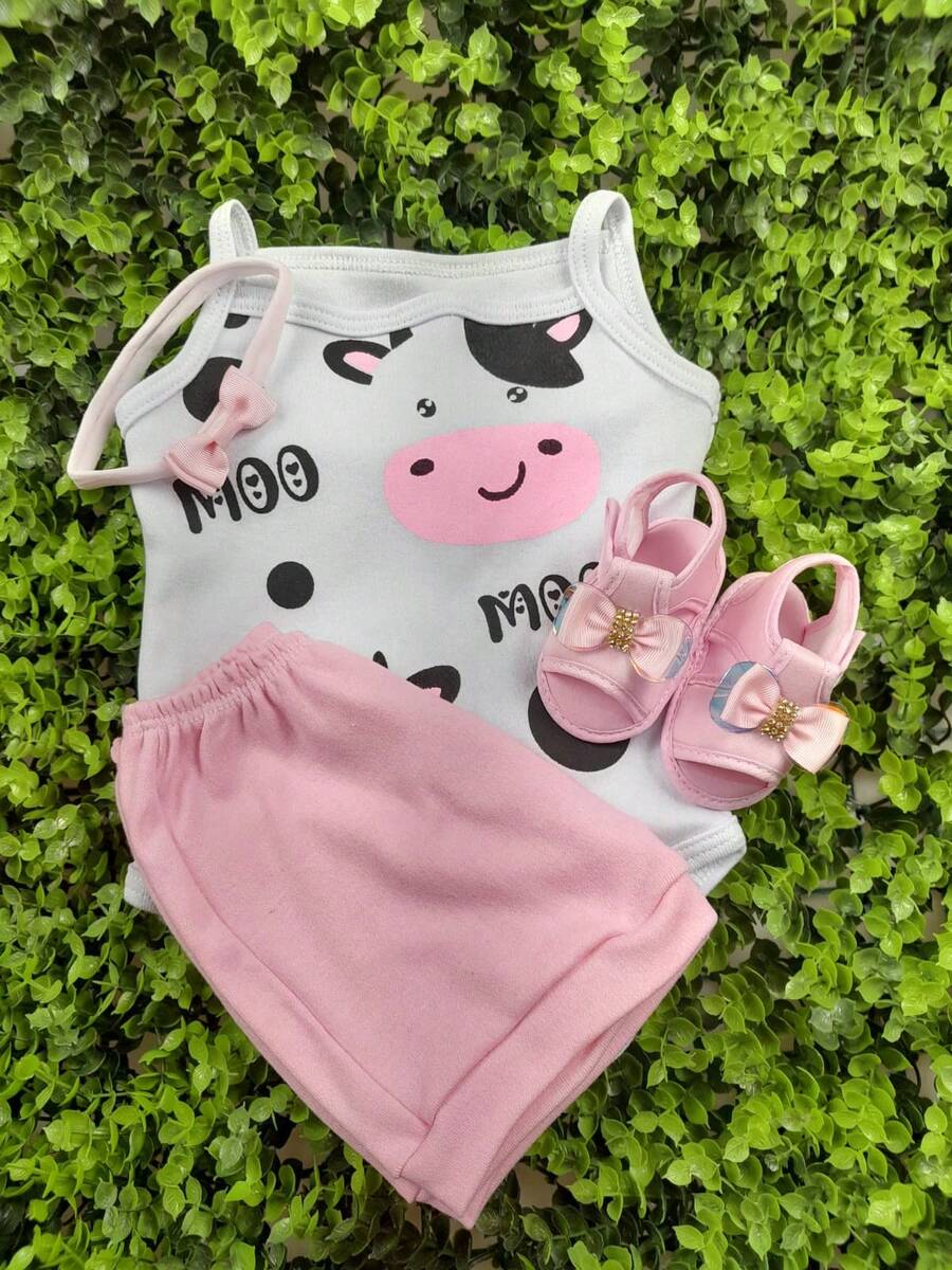 Baby Girl Set: Sandals With Headband, Bodysuit, And Shorts For Monthly Milestone Photos, Printed Summer Design, 100% Suedine - Hồng - Xem 1