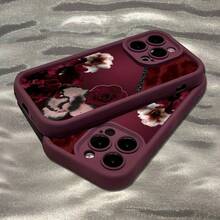Wine Red Background Patchwork Floral Art Suitable For TPU Pattern Compatible With  17 Pro Max Phone Case Apple  16 Pro Max/15/14/13P/12/11/7/8P/X/XR/XS Max Shockproof Simple Creative High-Value Red Step Protection Case Holiday Gift Suitable For Various Scenarios Valentine's Day - 酒紅色 - 查看 9
