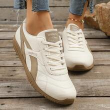 Women's Casual Patchwork Sneakers, Retro Versatile Lightweight Leather Trainers - Khaki - View 5