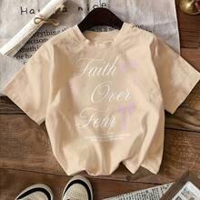 Faith Over Fear Cursive Printed Light Beige Crew Neck T - Shirt, Casual Cotton Summer Tee With Decorative Text - Perfect For Daily Wear & Gift-Oversized Y2K Crew Neck T-Shirt For Women  Casual Daily Essential Tee - 黑色 - 查看 7