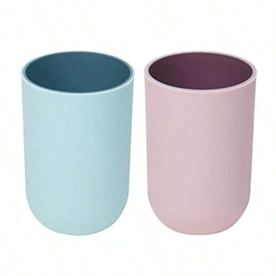 2pcs Plastic Toothbrush Tumbler | Simple Design, Reusable Travel Camping Toothbrush Cups For Bathroom Rinsing - White - View 1