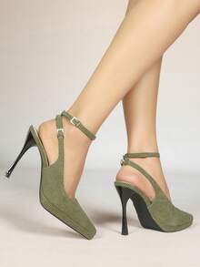 Women's Pointed Toe Thick Sole Backless Sandals With Metal Buckle, Elegant Basic High Heel Shoes For Summer & Autumn - Green - View 4