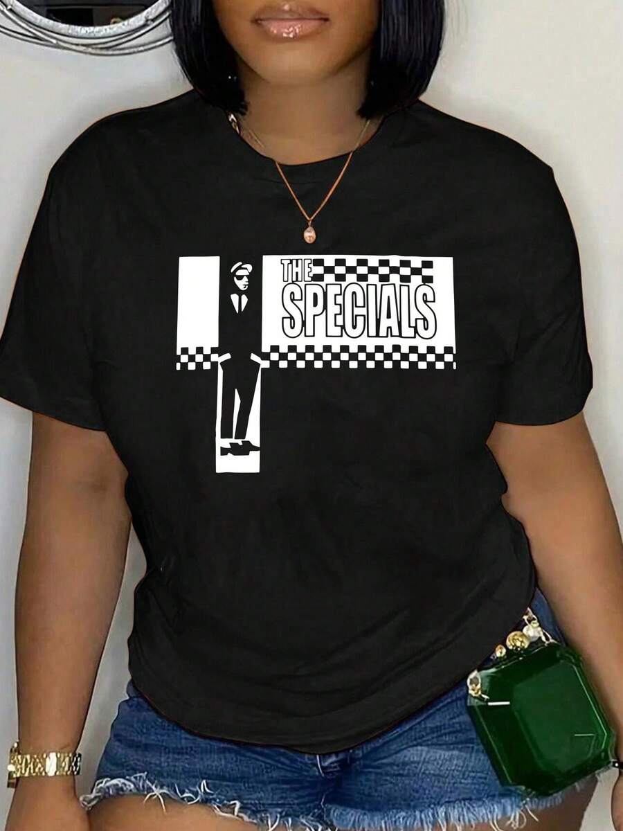 T-shirt in 100% cotone con stampa del logo della band The Specials, collo rotondo, maniche corte, moda streetwear, traspirante, morbida, unisex - nero - Visualizzare 1