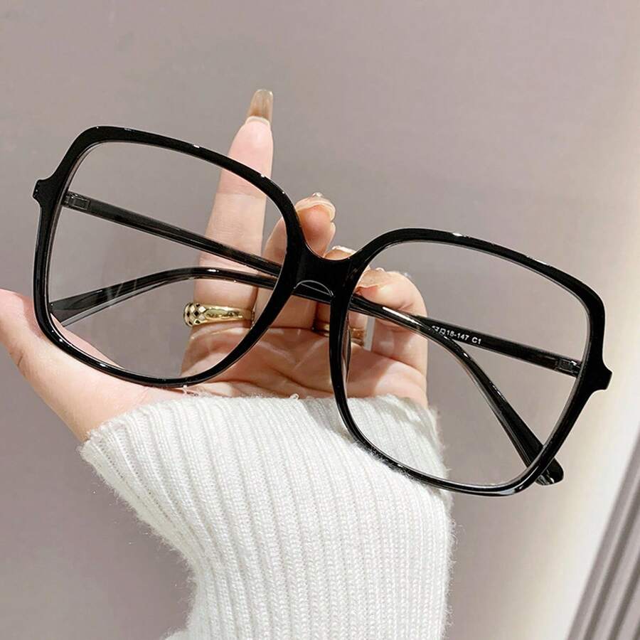 1副女士黑色方形PC镜框简约大框无度数眼镜，适合日常佩戴 - 黑色 - 查看 1