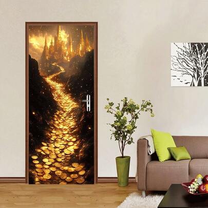 1 Set Gold Fantasy Castle Wall Stickers, Magic Gold Coin Path Decals, Children's Room Bedroom Living Room Decor Stickers, Self-Adhesive Home Wall Creative Layout