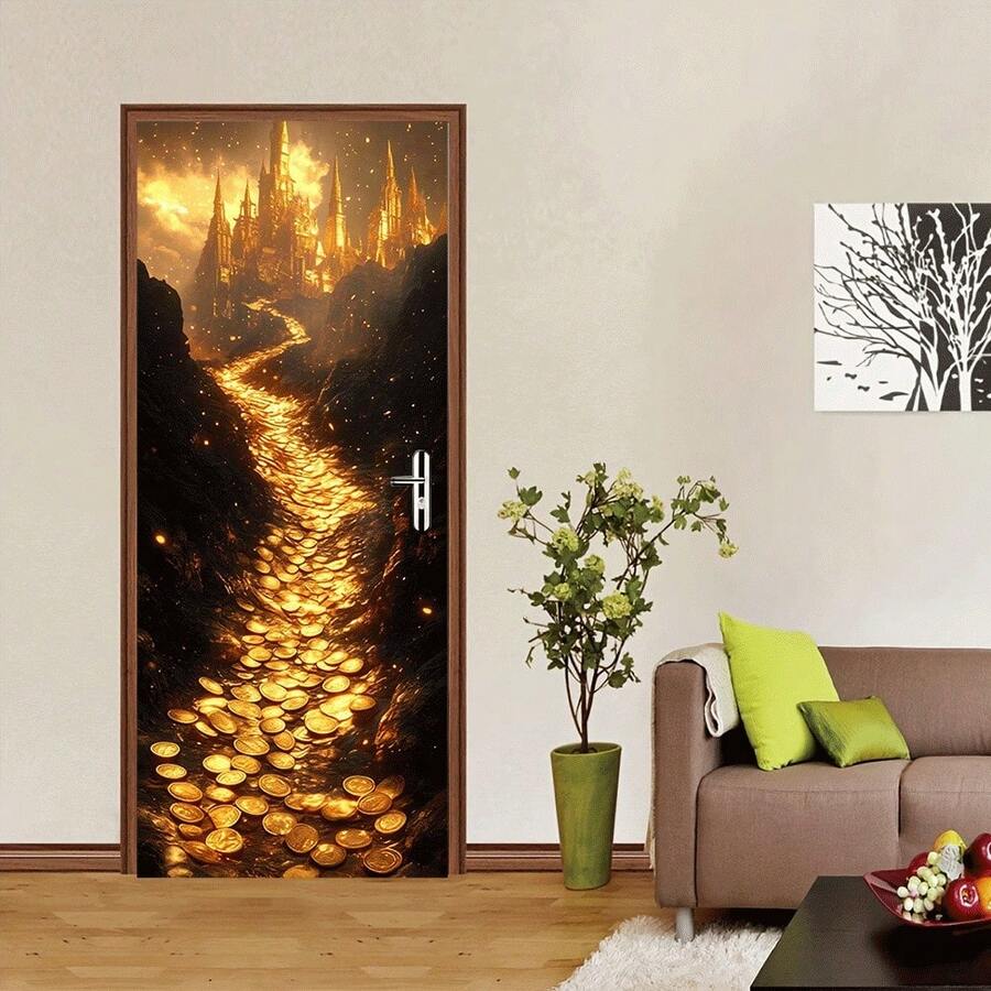 1 Set Gold Fantasy Castle Wall Stickers, Magic Gold Coin Path Decals, Room Bedroom Living Room Decor Stickers, Self-Adhesive Home Wall Creative Layout - Multicolor - View 1