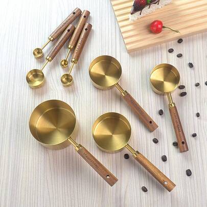 4/8pcs Measuring Cup & Spoon Set, Stainless Steel Measuring Cups And Spoons With Rosewood Handles, Suitable For Dry Goods And Liquid Ingredients, Baking Tools DIY, Seasoning Spoon, Powder Spoon, Coffee Spoon Kitchen Baking Tools