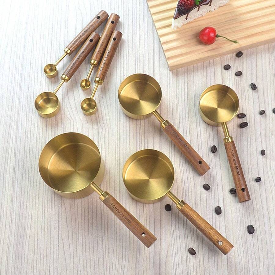 4/8pcs Measuring Cup & Spoon Set, Stainless Steel Measuring Cups And Spoons With Rosewood Handles, Suitable For Dry Goods And Liquid Ingredients, Baking Tools DIY, Seasoning Spoon, Powder Spoon, Coffee Spoon Kitchen Baking Tools - Multicolor - View 1