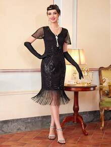 1920s Flapper Dress, Vintage Fringe Sequin Cocktail Dress With Accessories Set - Black - View 10