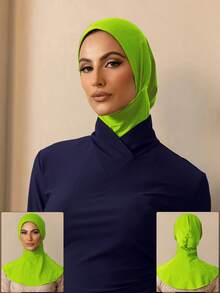 1pc Summer Bath Swim Hijab Swimming Instant Turban Women , Extended Neck Design, Ready To Wear, With Extended Neckline Design, Elastic And Smooth Fabric, Bright Color Design Brings Vitality, Multiple Colors For Your Choice - Fluorescent Green - View 5