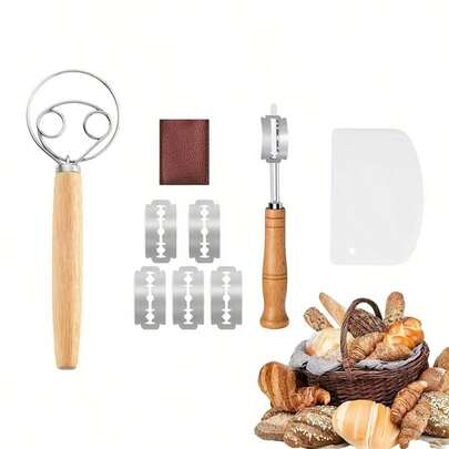 Full Set Of Bread Making Kit: Stainless Steel Danish Dough Mixer And Sourdough Scoring Tool - Used For Bread Making, Baking And Fermentation, Essential Supplies For Kitchen And Restaurant Baking, Hook-Type Dutch Mixer, Bread Knife