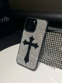 1pc Luxury Rhinestone Cross Design 2-In-1 Shockproof Phone Case Compatible With IPhone 16 Pro Max/13/14 - Silver - View 7