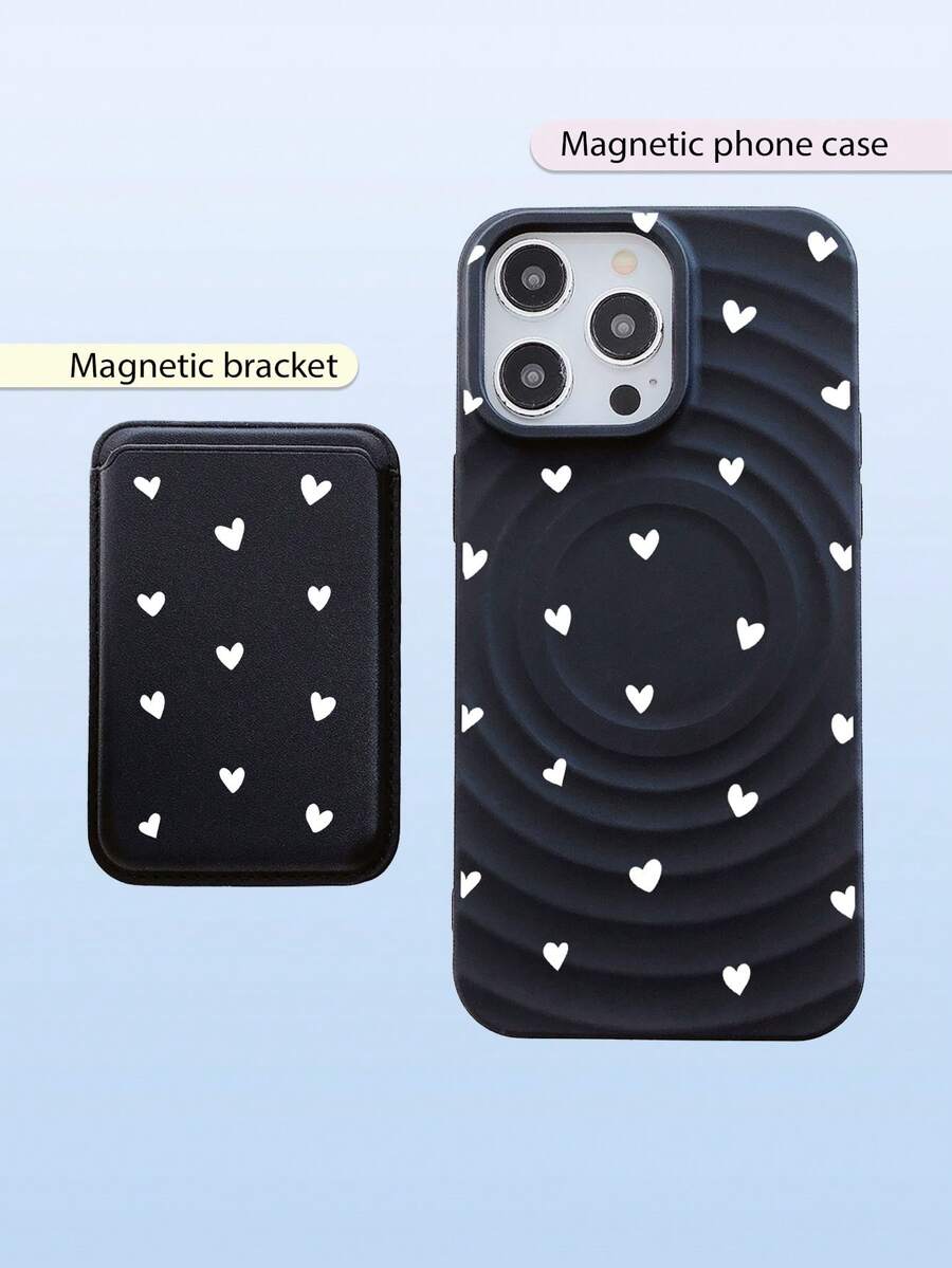 黑白爱心磁吸手机壳，带卡槽，浪漫爱情图案防震保护套，兼容MagSafe，兼容 14/15/16/17/17 Pro Max - 黑色 - 查看 1