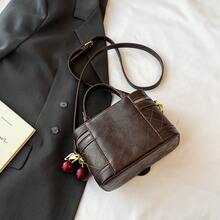 1 Set Retro Brown Box-Shaped Handbag With Quilted Embroidery Strap Shoulder Bag, Comes With Cherry Pendant - Coffee - View 6