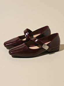 女士时尚平底玛丽珍鞋，方头粗跟带，黑色优雅低帮平底鞋，2026春夏新款 - 酒紅色 - 查看 1