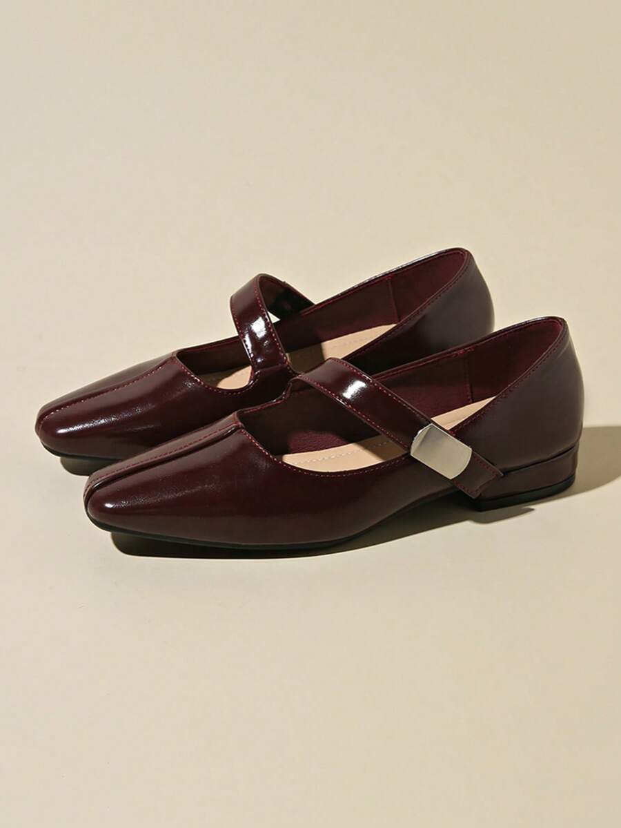 女士时尚平底玛丽珍鞋，方头粗跟带，黑色优雅低帮平底鞋，2026春夏新款 - 酒紅色 - 查看 1