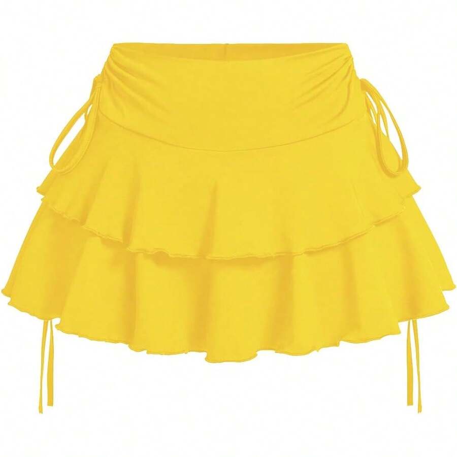 Women's Drawstring Bow Side Skirts Tiered Layer Ruffle Elastic Waist Y2K Coquette Short Skirts - 黃色 - 查看 1