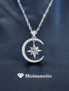 1pc 925 Silver 0.5ct 5.0mm Moissanite Star & Moon Pendant Necklace, Suitable For Women's Daily Wear, Party, Valentine's Day, Mother's Day, Wedding Anniversary, Women's Jewelry Gift - XL0117M - View 1