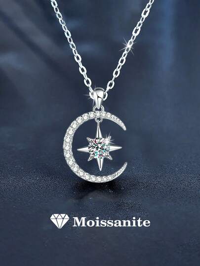 1pc 925 Silver 0.5ct 5.0mm Moissanite Star & Moon Pendant Necklace, Suitable For Women's Daily Wear, Party, Valentine's Day, Mother's Day, Wedding Anniversary, Women's Jewelry Gift