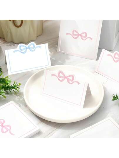 20pcs Pink & Blue Ribbon Bow Table Cards - Elegant Matte Blank Name Cards For Wedding And Birthday Party Guests, Minimalist Design And Exquisite Craftsmanship, Essential For Event Decoration