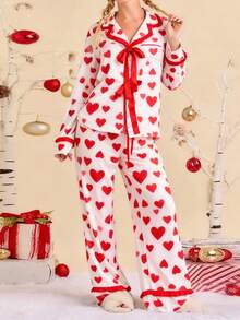 Women's Valentine's Day Pajamas Cute Heart Printed Bow Tie Long Sleeve Tops With Pants 2Pcs Sleepwear - 紅色 - 查看 6