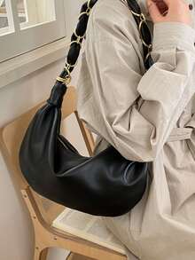 1pc Women's Fashion Black PU Casual Hobo Bag, Minimalist Vintage Chain Shoulder Bag, Large Capacity Zipper Closure Crescent Bag, Suitable For Daily Use, Shopping, Commuting, Gift, Wedding - Black - View 9