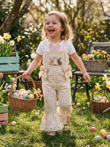 Toddler Baby Girl Easter Outfit Overalls Bunny Cross Lace Romper Cute Gingham Bell Bottom Suspender Jumpsuit - 杏色 - 查看 3