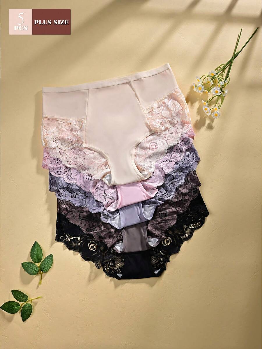 5pcs/Pack Plus Size Women's Solid Color Lace Patchwork Sexy Bikini Briefs - Multicolor - View 1