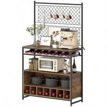 Kitchen Shelf With Worktop, Metal Mesh Panels, 5 Hooks, Storage Unit For Spices, Pots And Pans, Brown