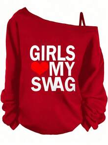 Valentine Outfits For Women, Girls My Swag, Off The Shoulder Long Sleeve Top, Casual Style, Date Night, Spring Vibes, Essentials Hoodie,Summer Outfits For Women,Spring Tops - 紅色 - 查看 7