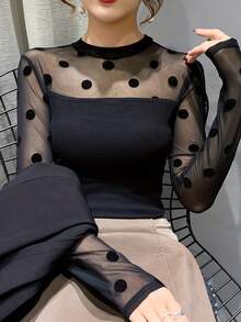 加大码蕾丝吊带背心 女士长袖性感打底衫 2025春秋新款植绒百搭外套T恤上衣 休闲黑色 - 黑色 - 查看 2