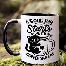 325ml (11oz) Coffee Mug With A "A Good Day Starts With Coffee And..." Design. Durable And Stylish. Ideal For Hot Drinks, Milk Tea, Or Coffee. Beverage Container | Fun Illustration | Contrasting Handle. Coffee Shop Accessories. Unique Gift For Men And Women. Hilarious Birthday Gift - 黑與白 - 查看 1