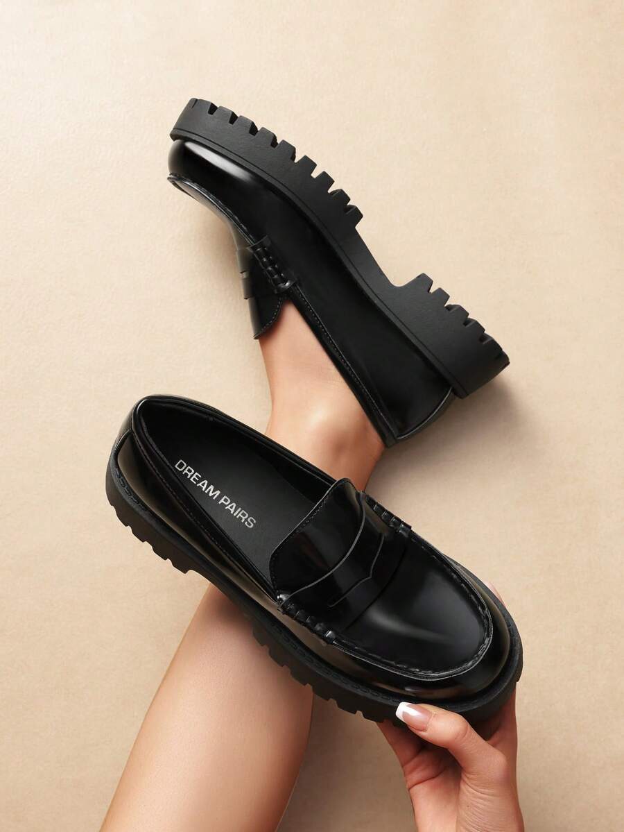 Women Platform Black Patent Loafers 1.57-Inch Chunky Mid-Heel Flatform Loafer Round Toe Versatile Classic Casual Slip On Shoes, 2026 New Spring Summer Shoes - ĐEN-PAT - Xem 1