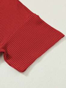 大码女式V领短袖扭结纹理T恤上衣，带口袋，休闲夏季款 - 紅色 - 查看 8