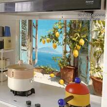 这款蓝色百叶窗采用透视效果，饰以蔚蓝海景和柠檬树图案，为2D平面设计，适用于厨房墙面。采用优质PVC材料制成，易于安装且经久耐用。适合家居装饰和现代厨房室内设计。 - 彩色 - 查看 8