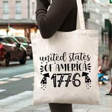 Unisex Heavy-Duty Tote Bag - USA 1776 Patriotic Theme With 1776 Print, Beige/Black Colors, Washable Casual Shoulder Bag Men & Women, Commuting, Travel, Independence Day Events - trắng - Xem 2