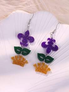 嘉年华亚克力三色心形皇冠鸢尾花耳环，欧美风格节日配饰 - 彩色 - 查看 4