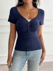 Women's T-Shirt Y2K Sexy Slim Design Sense V-Neck Short-Sleeved Top - 藍色 - 查看 6