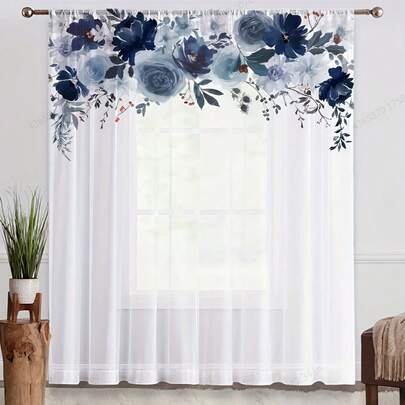 2片装花卉薄纱窗帘，蓝色优雅花朵图案，保护隐私，杆袋式顶部设计，四季皆宜，多功能房间装饰，可机洗，涤纶材质，适用于卧室、客厅、书房、餐厅和户外（不含窗帘杆）