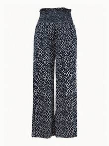 女士优雅长裤，通体波点印花，梭织沙滩面料，带口袋，适合度假、旅行和日常穿着。 - 黑色 - 查看 3