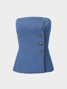 2pcs/Set Elegant Minimalist Holiday Party Commute Business Suit Co-Ord Sets Women, Autumn Strapless Waist Fitted Top & Pants Summer - Blue - View 10