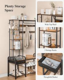 Hzuaneri Coat Rack With Shoe Bench, Wardrobe With Shoe Bench, 1 Drawer, Clothes Rack With 17 Hooks, 1 Hanging Rail, 4-Tier Side Frame, 120 X 40 X 182 Cm - Retro Brown and Black - View 5