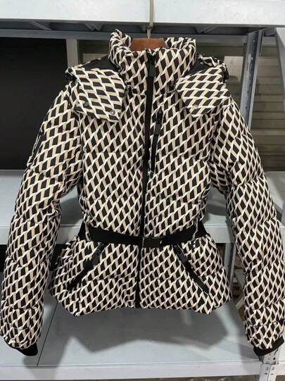 Women's Ski Collection Puffer Jacket - Stand Collar Hooded Belted Warm Cotton-Padded Winter Outdoor Coat