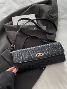 Women's Minimalist High-Quality Handbag Baguette Bag With Metal Buckle Design, Fashion Shoulder/Crossbody Bag - Black - View 8