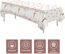 FVABO Boho God Bless Baptism Drations Tablecloth, 3pcs Disposable Pampas Gr First Communion Drations Party Supplies Tablver, 86in X 55in - 杏色 - 查看 2