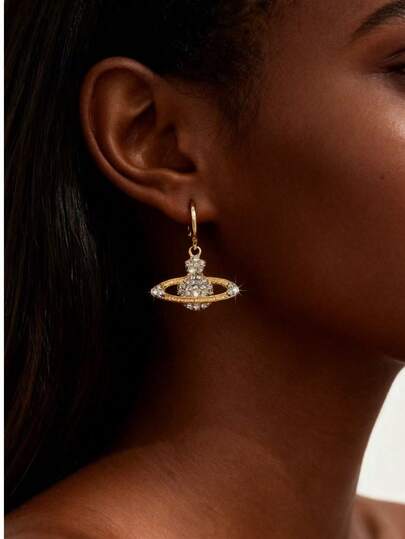 1对女士金银色行星水钻合金吊坠耳环，时尚优雅，适合日常佩戴和节日装扮，是情人节的绝佳礼物。