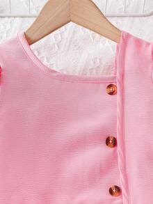 女童纽扣前开襟泡泡袖衬衫和裙子 - 玫紅色 - 查看 3